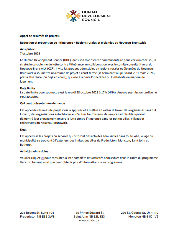 Appel de résumés de projets Oct 2025 – Régions rurales et éloignées du Nouveau-Brunswick