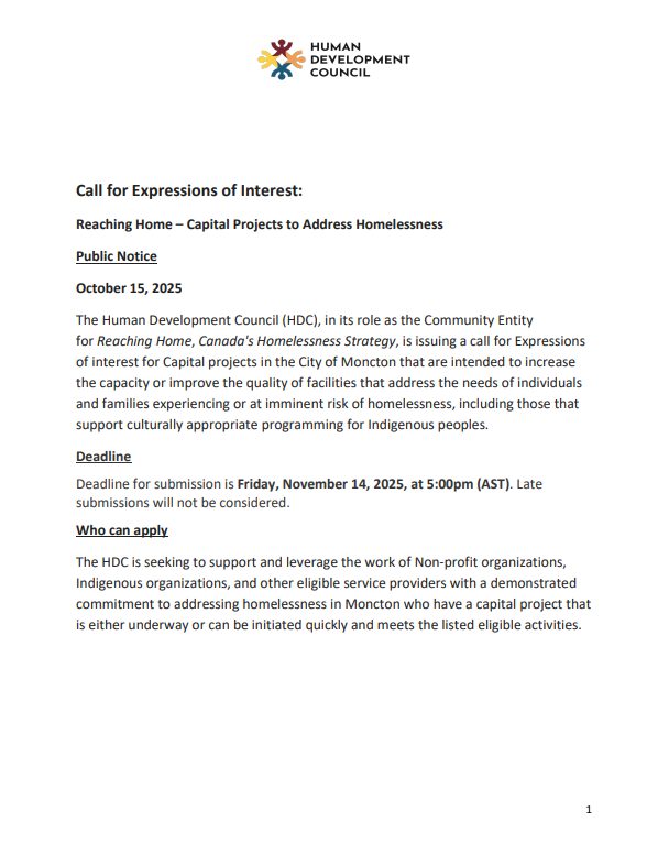 Reaching Home Moncton Call for Expressions of Interest – Capital Projects 2025-2027