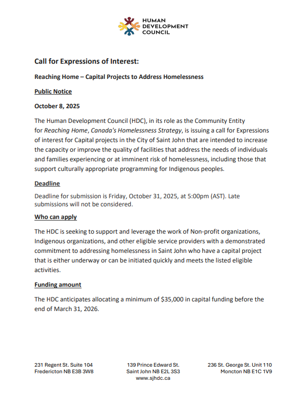 Reaching Home Saint John Call for Expressions of Interest – Capital Projects
