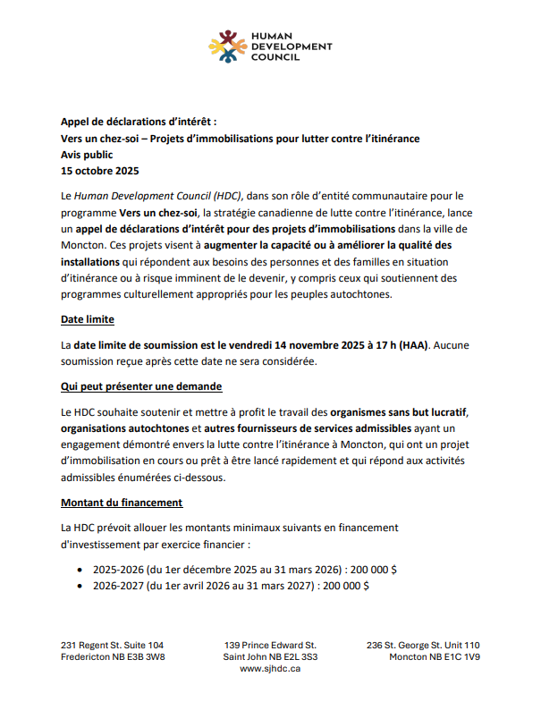 Vers un chez-soi Moncton Appel de déclarations d’intérêt Projets d’immobilisations 2025-2027